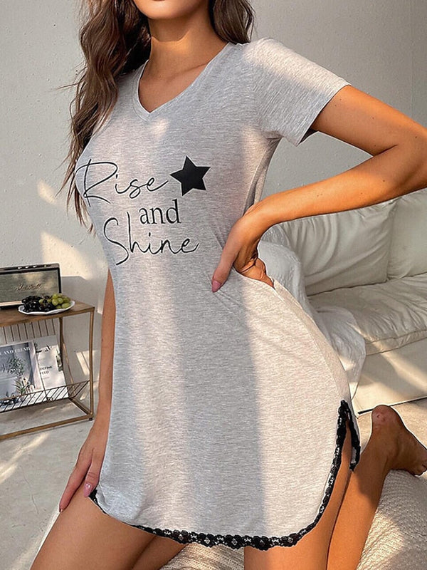 Women's Pajamas Nightgown Nighty Pjs Letter Simple Comfort Home Polyester V Wire Short Sleeve Spring Summer Gray