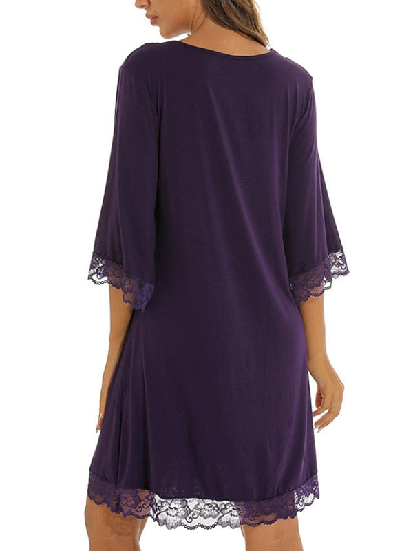 Women's Pajamas Robes Gown Nightgown Nighty Pure Color Simple Comfort Home Daily Bed Cotton Breathable Gift V Wire Long Sleeve Dress Fall Spring Purple Wine