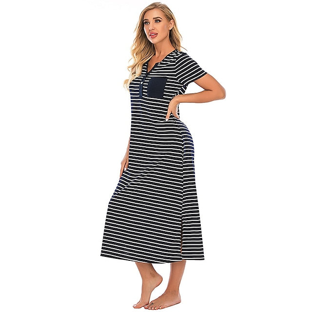 Women's Pajamas Nightgown Nighty Pjs Stripe Comfort Party Home Daily Cotton Gift Short Sleeve Spring Summer Royal Blue Grey