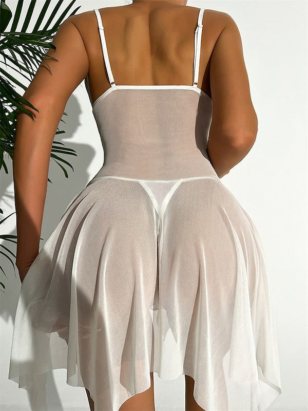 Women's Cozy Lace Backless Mini Dress - Solid Color Strap Lounge Wear