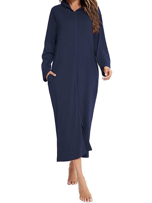 Women's Casual Midi Shift Dress with Pockets - Solid Color Hooded Lounge Wear