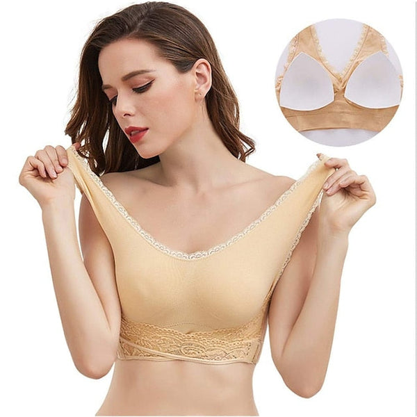 Women's Oversized Lace Sports Bras Cross Front Side Buckle Wire Free Bra Yoga Workout Activewear
