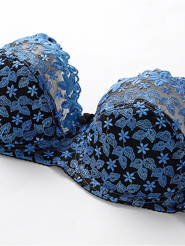 Women's Lace Bras Underwire Bras Fixed Straps Adjustable Full Coverage V Neck Breathable Push Up Pure Color Flower Floral