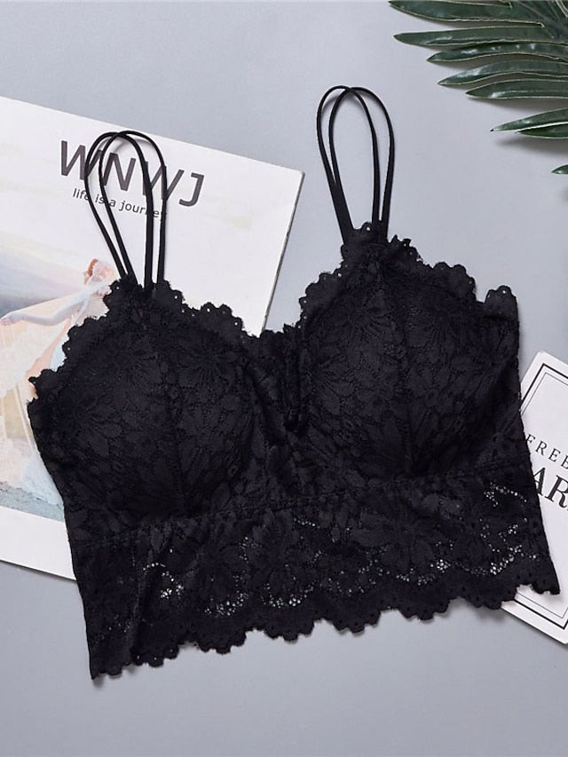 Women's Wireless Bras Fixed Straps Full Coverage Scoop Neck Breathable Lace Pure Color Pull-On Closure Date Casual Daily Nylon Sexy 1PC White Black , Bras & Bralettes , 1 PC