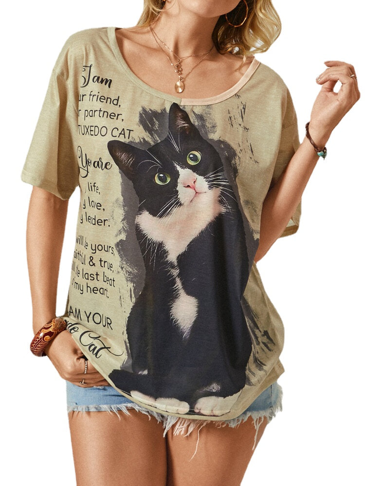 Cat Letter Print Short Sleeve Plus Size Casual T-shirt Main image