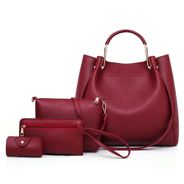 Women Plain Faux Leather Four-piece Set Handbag Shoulder Bag Clutch Bag