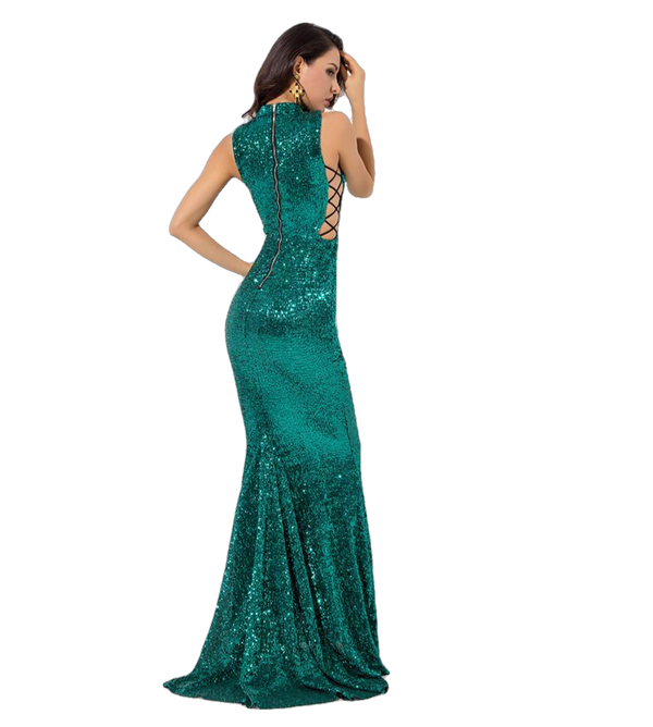 Love&Lemonade   Green Collar Side Cut Out Fishtail Slim Elastic Sequins Long Dress LM1151