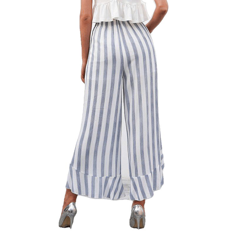 Stripe Split Wide Leg Pants Bottom Sash Ruffle High Waist Trousers For Women Secondary image