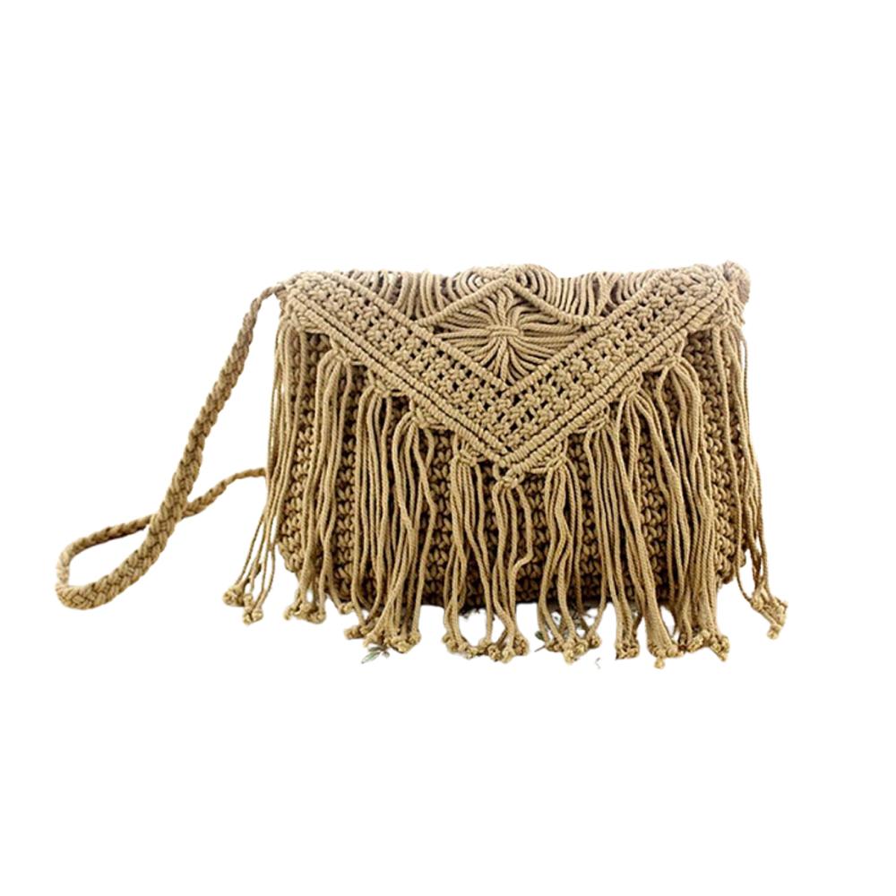 Handmade Rattan Woven Round Handbag Vintage Tassel Straw Rope Knitted Messenger Bag Lady Fresh Summer Beach