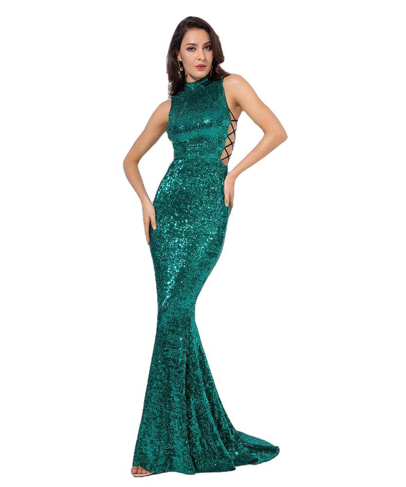 Love&Lemonade   Green Collar Side Cut Out Fishtail Slim Elastic Sequins Long Dress LM1151 Main image