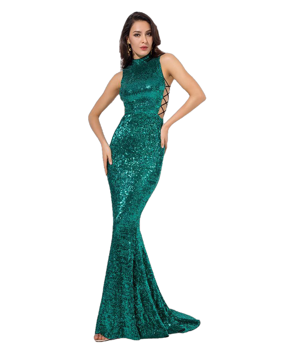 Love&Lemonade   Green Collar Side Cut Out Fishtail Slim Elastic Sequins Long Dress LM1151