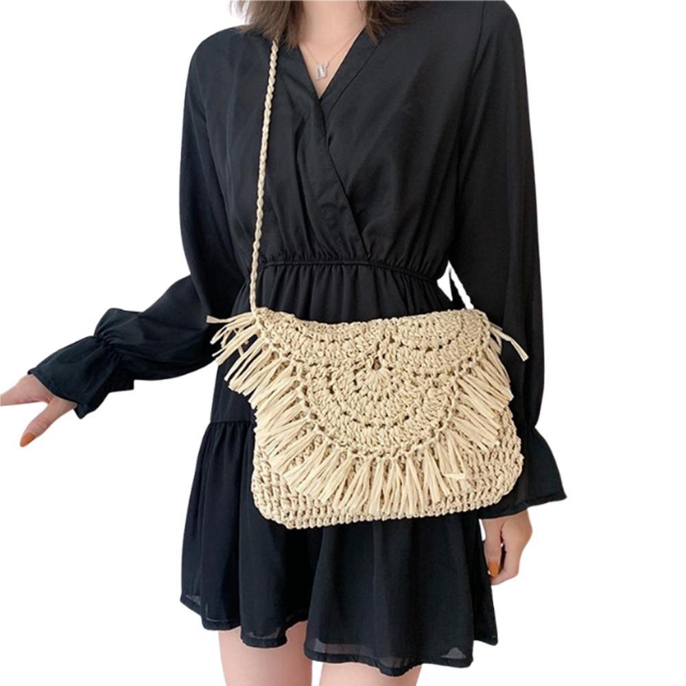 Handmade Rattan Woven Round Handbag Vintage Tassel Straw Rope Knitted Messenger Bag Lady Fresh Summer Beach Secondary image