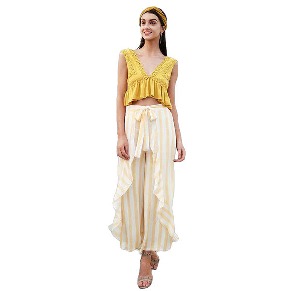 Stripe Split Wide Leg Pants Bottom Sash Ruffle High Waist Trousers For Women