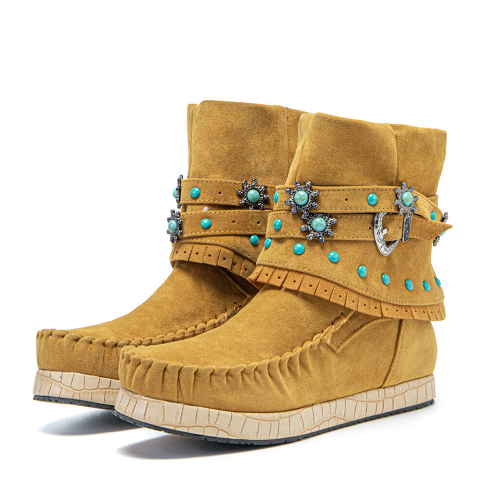 Plus Size Women Ethnic Rhinestone Tassel Flat Moccasin Short Boots Main image