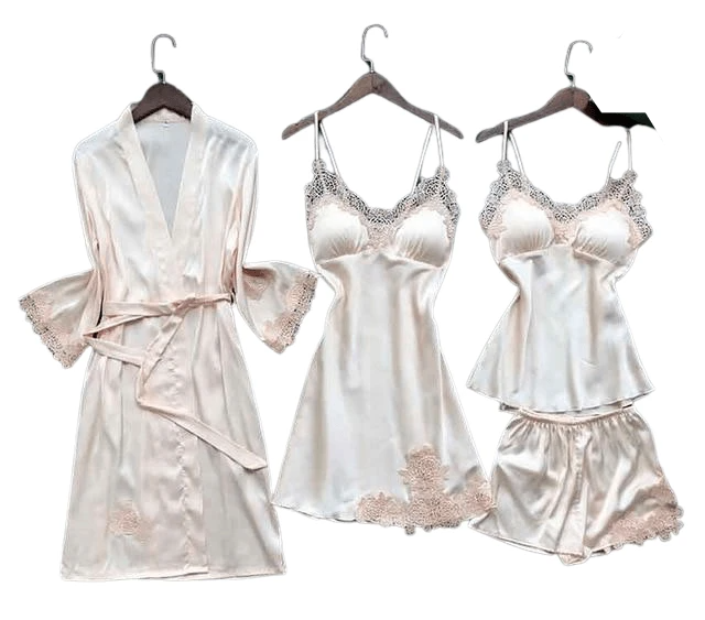 Sexy Women'S Robe & Gown Sets Lace Bathrobe + Night Dress 4 Four Pieces Sleepwear