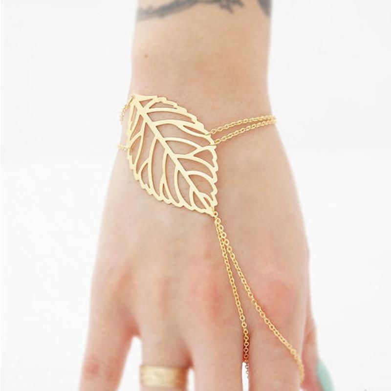Gold Color Pulsars Muter Charm Hollow Leaves Bracelet With Finger Ring Hand Chain Harness For Women - Sheseelady Main image
