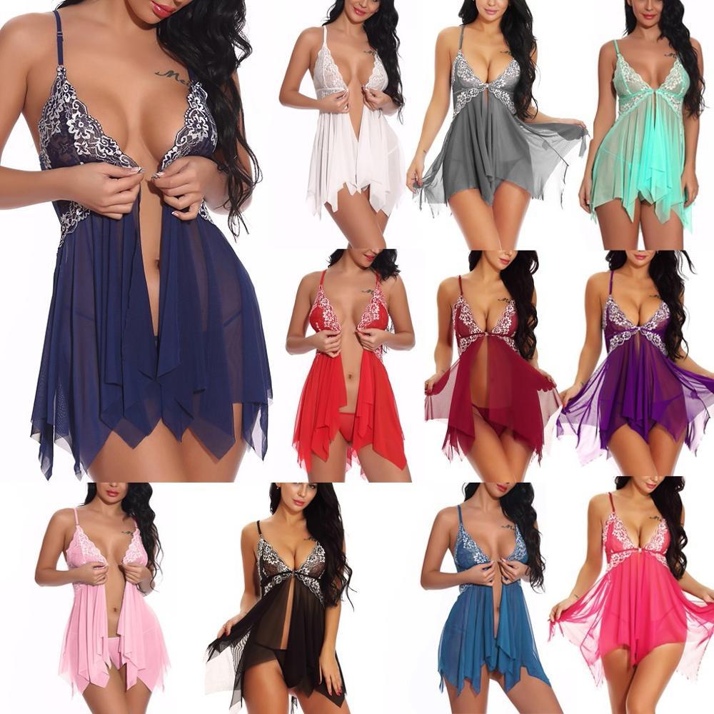 Sexy Lingerie Women Front Closure Babydoll Lace V Neck Mesh Sleepwear Secondary image