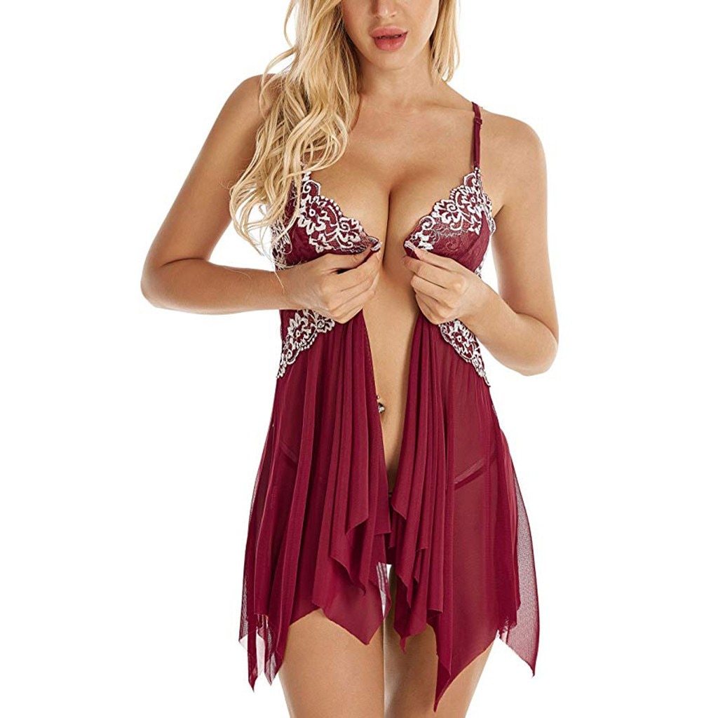 Sexy Lingerie Women Front Closure Babydoll Lace V Neck Mesh Sleepwear Main image