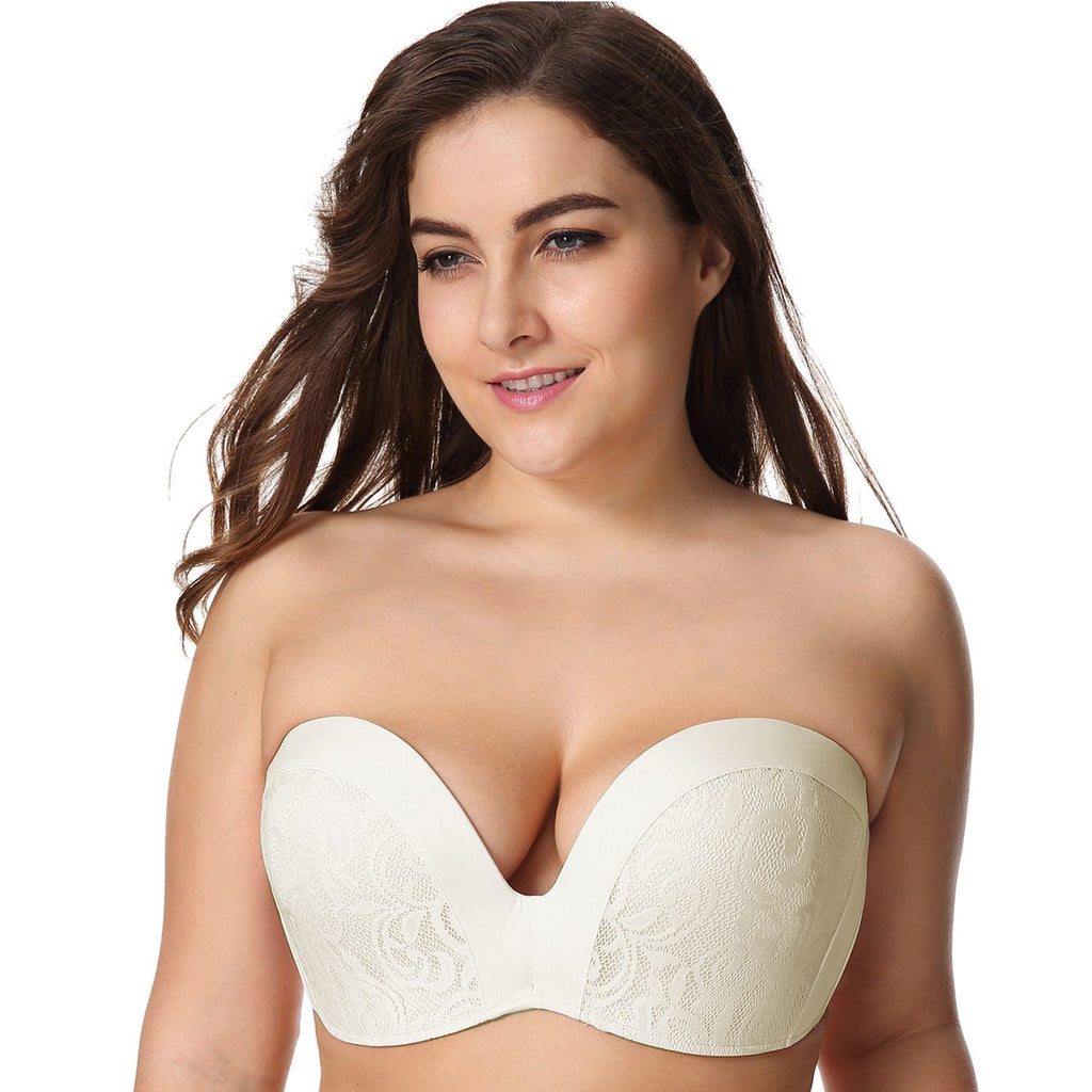 Women'S Slightly Padded Push Up Great Support Lace Strapless Bra