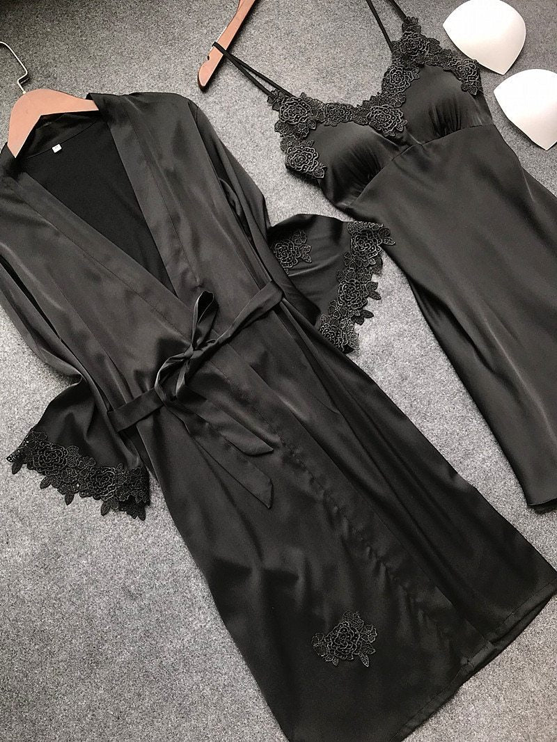 Sexy Women'S Robe & Gown Sets Lace Bathrobe + Night Dress 4 Four Pieces Sleepwear