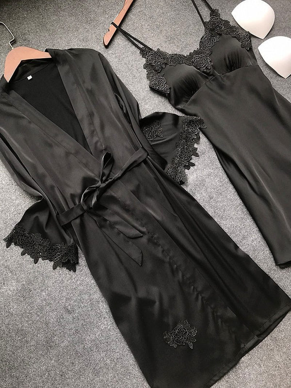 Sexy Women'S Robe & Gown Sets Lace Bathrobe + Night Dress 4 Four Pieces Sleepwear