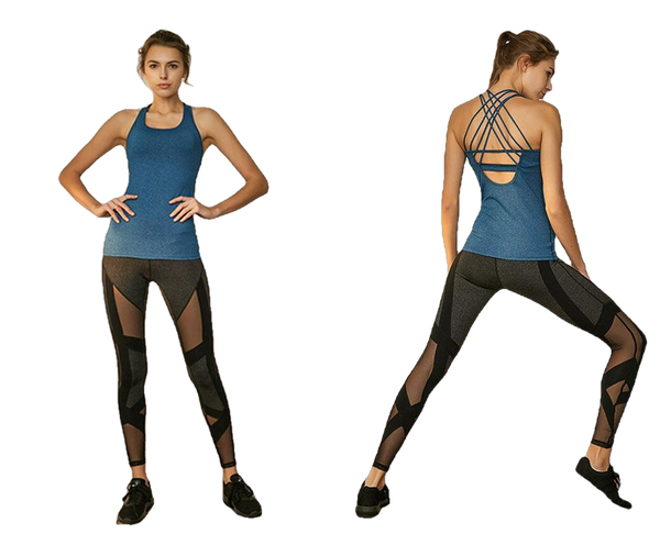 Dry Fit Crisscross Back Strappy Yoga Tops Blue Wourkout Clothes Activewear Built In Bra Gym Tank Tops For Women Running Shirts - Sheseelady