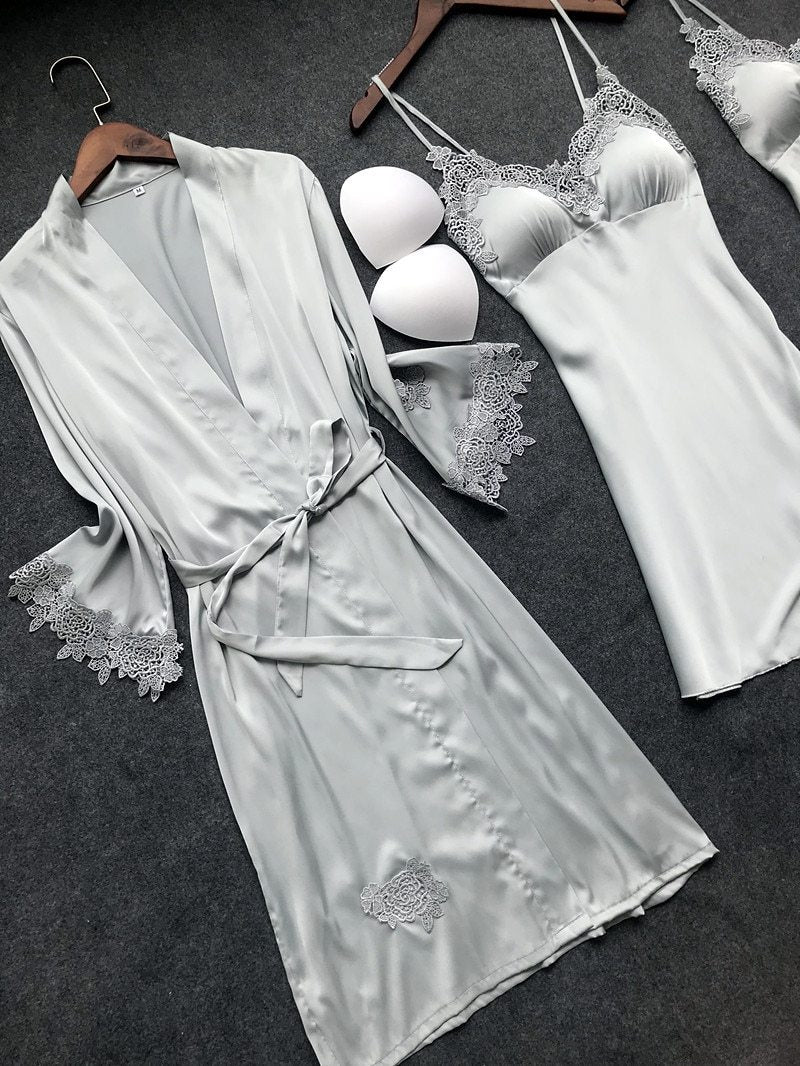 Sexy Women'S Robe & Gown Sets Lace Bathrobe + Night Dress 4 Four Pieces Sleepwear
