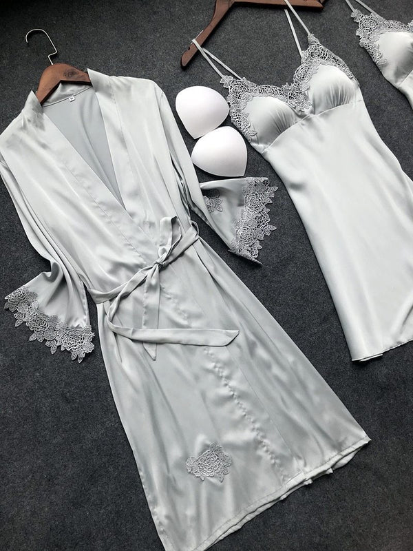 Sexy Women'S Robe & Gown Sets Lace Bathrobe + Night Dress 4 Four Pieces Sleepwear