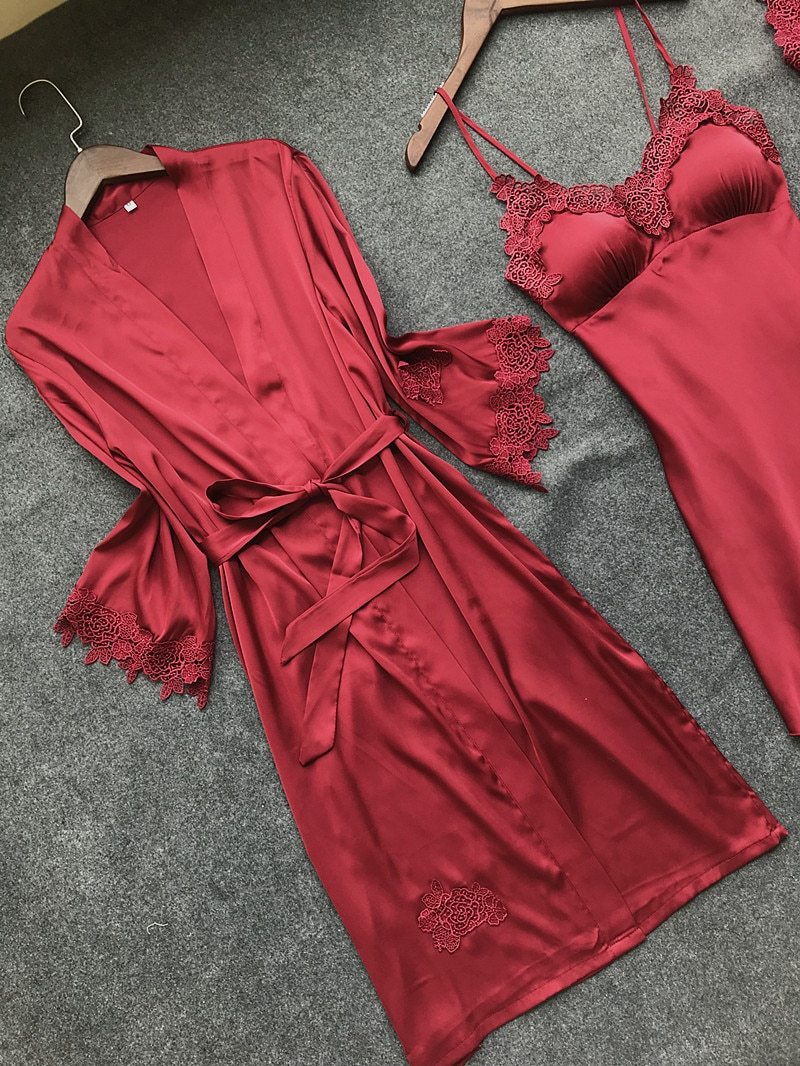 Sexy Women'S Robe & Gown Sets Lace Bathrobe + Night Dress 4 Four Pieces Sleepwear