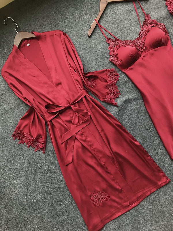 Sexy Women'S Robe & Gown Sets Lace Bathrobe + Night Dress 4 Four Pieces Sleepwear