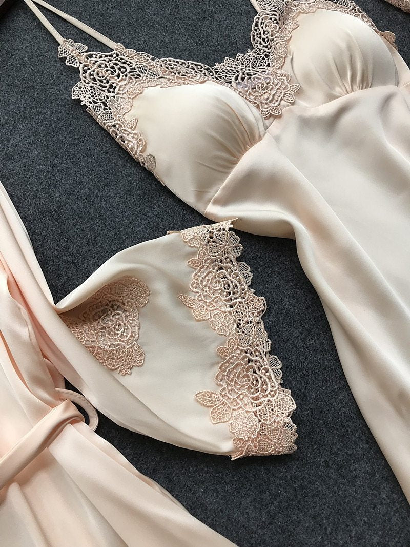 Sexy Women'S Robe & Gown Sets Lace Bathrobe + Night Dress 4 Four Pieces Sleepwear