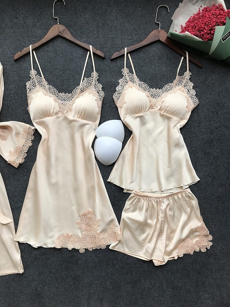 Sexy Women'S Robe & Gown Sets Lace Bathrobe + Night Dress 4 Four Pieces Sleepwear