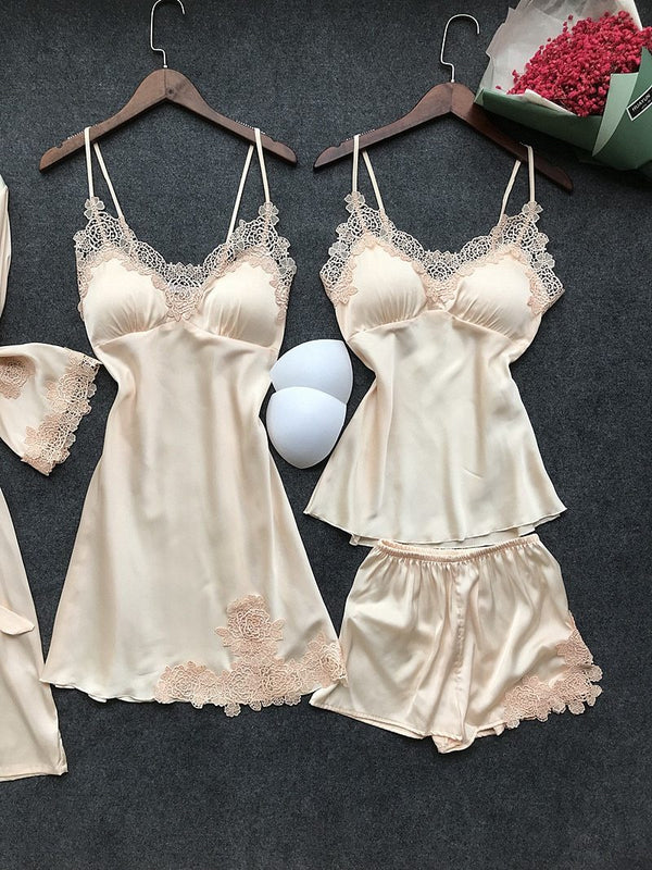 Sexy Women'S Robe & Gown Sets Lace Bathrobe + Night Dress 4 Four Pieces Sleepwear