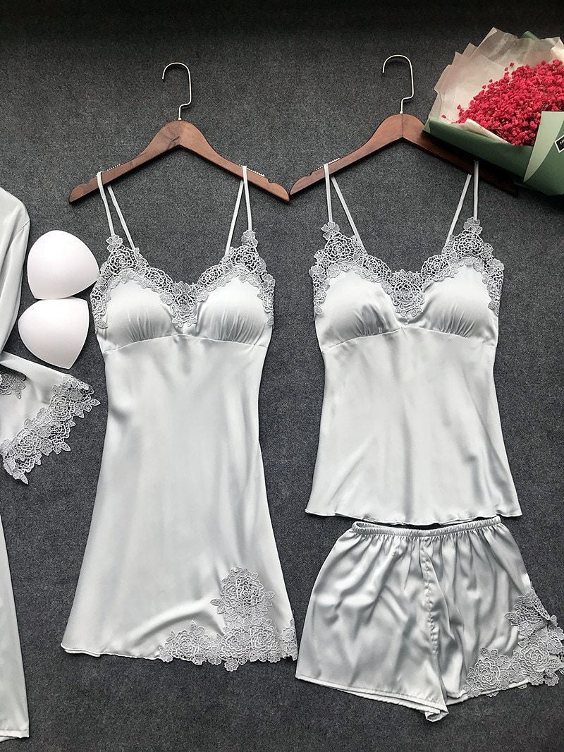 Sexy Women'S Robe & Gown Sets Lace Bathrobe + Night Dress 4 Four Pieces Sleepwear