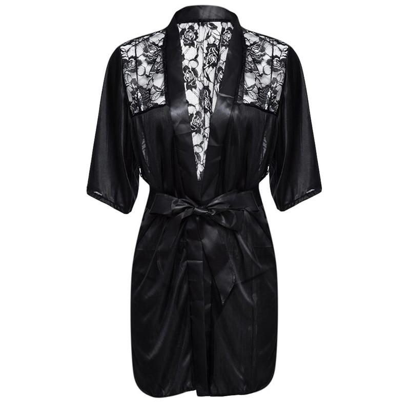 Sexy Lingerie Plus Size Satin Lace Black Kimono Intimate Sleepwear Robe Sexy Night Gown Women Erotic Underwear