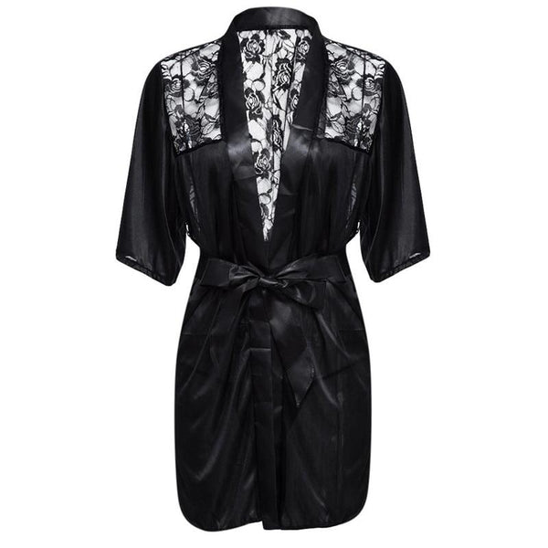 Sexy Lingerie Plus Size Satin Lace Black Kimono Intimate Sleepwear Robe Sexy Night Gown Women Erotic Underwear