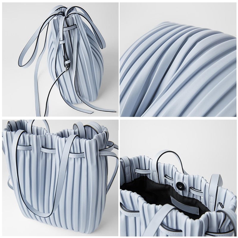 PU Leather Shoulder Bag Pleated Stripe Bucket Bag Ladies Crossbody Bag For Women Bag  Handbag