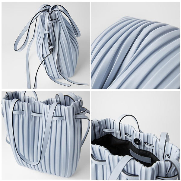 PU Leather Shoulder Bag Pleated Stripe Bucket Bag Ladies Crossbody Bag For Women Bag  Handbag