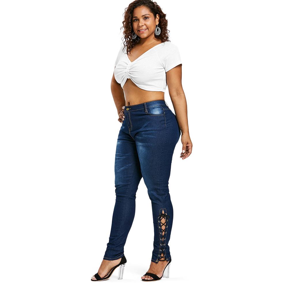 Lace Up Skinny High Waist Fit Stretched  Blue Women Pants Elegant Strap Stonewash Fashion Jeans
