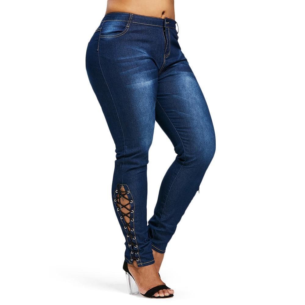 Lace Up Skinny High Waist Fit Stretched  Blue Women Pants Elegant Strap Stonewash Fashion Jeans