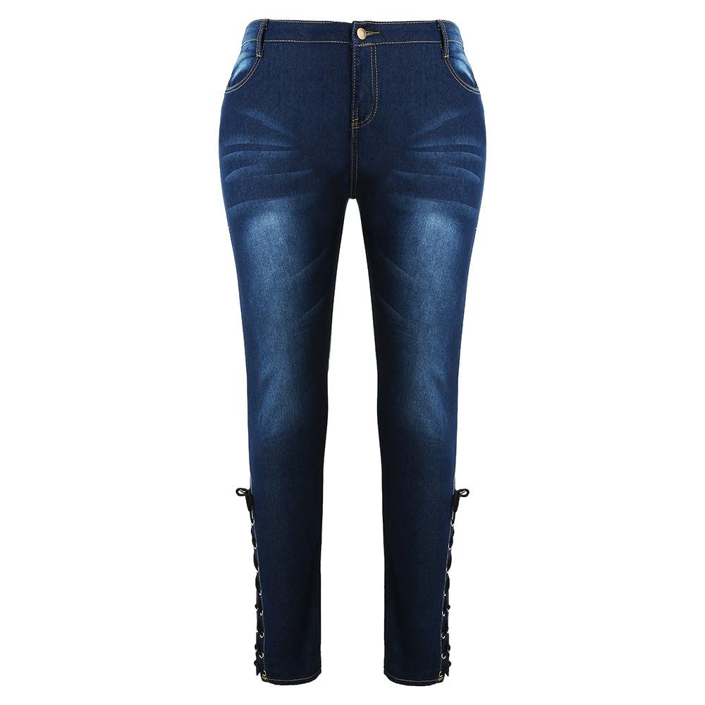 Lace Up Skinny High Waist Fit Stretched  Blue Women Pants Elegant Strap Stonewash Fashion Jeans