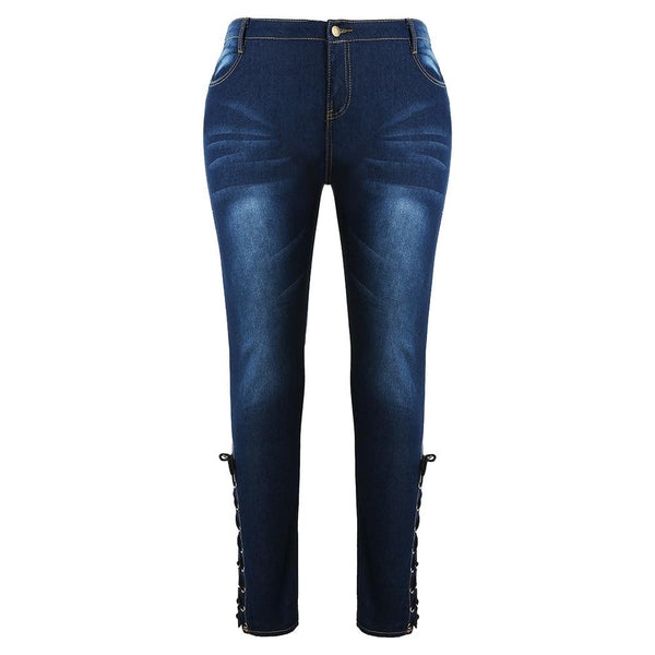 Lace Up Skinny High Waist Fit Stretched  Blue Women Pants Elegant Strap Stonewash Fashion Jeans