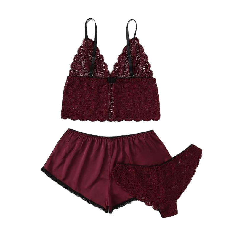 Army Green Sexy Floral Lace Cami Lingerie Set Burgundy Women Bra And Brief Sets Wireless Sexy Underwear Bra Set - Sheseelady