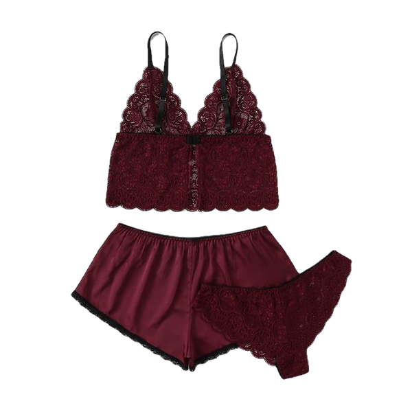 Army Green Sexy Floral Lace Cami Lingerie Set Burgundy Women Bra And Brief Sets Wireless Sexy Underwear Bra Set - Sheseelady