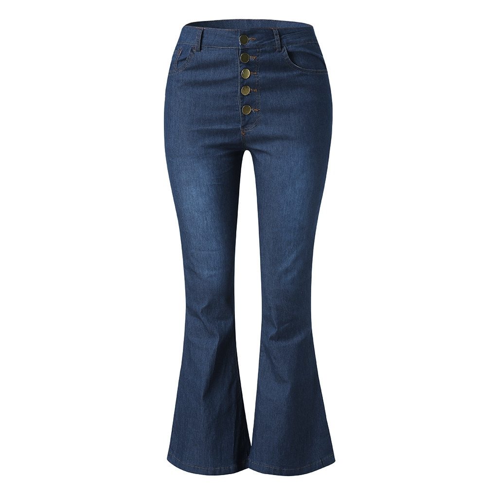 Elastic Plus Loose Denim Pocket Button High Waist Jeans - Sheseelady