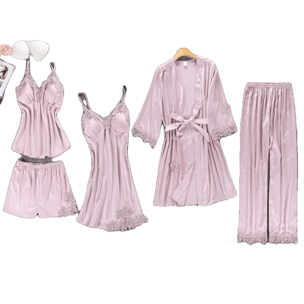 Women smooth Pajamas 5 Pieces Satin Silk Sleepwear With Chest Pads
