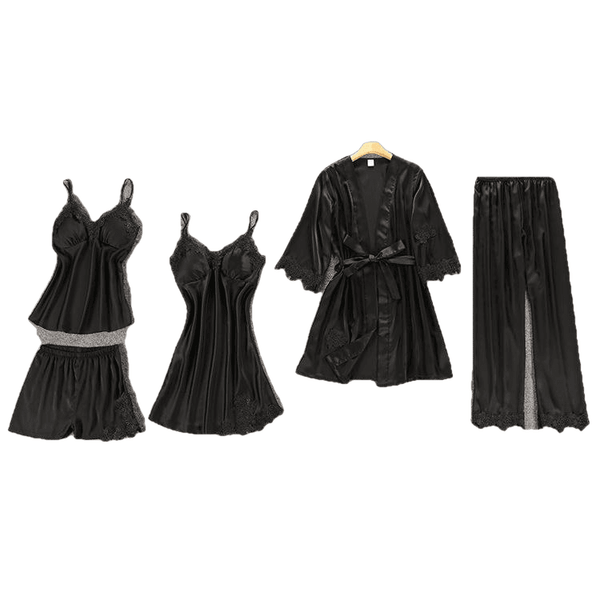 Women smooth Pajamas 5 Pieces Satin Silk Sleepwear With Chest Pads
