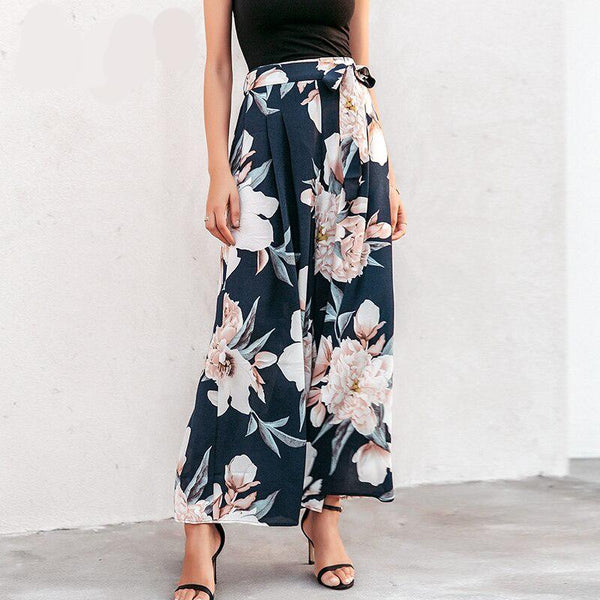 Sash Floral Print Wide Leg Elastic Loose Boho Casual Pants For Women
