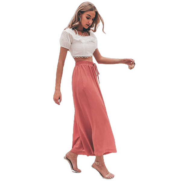 Elastic High Waist Wide Leg Solid Lace Up Trousers Street Wear Pants - Sheseelady