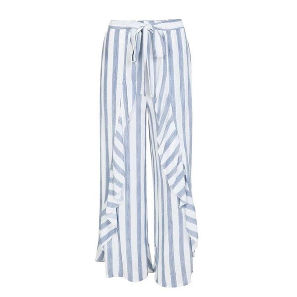 Stripe Split Wide Leg Pants Bottom Sash Ruffle High Waist Trousers For Women